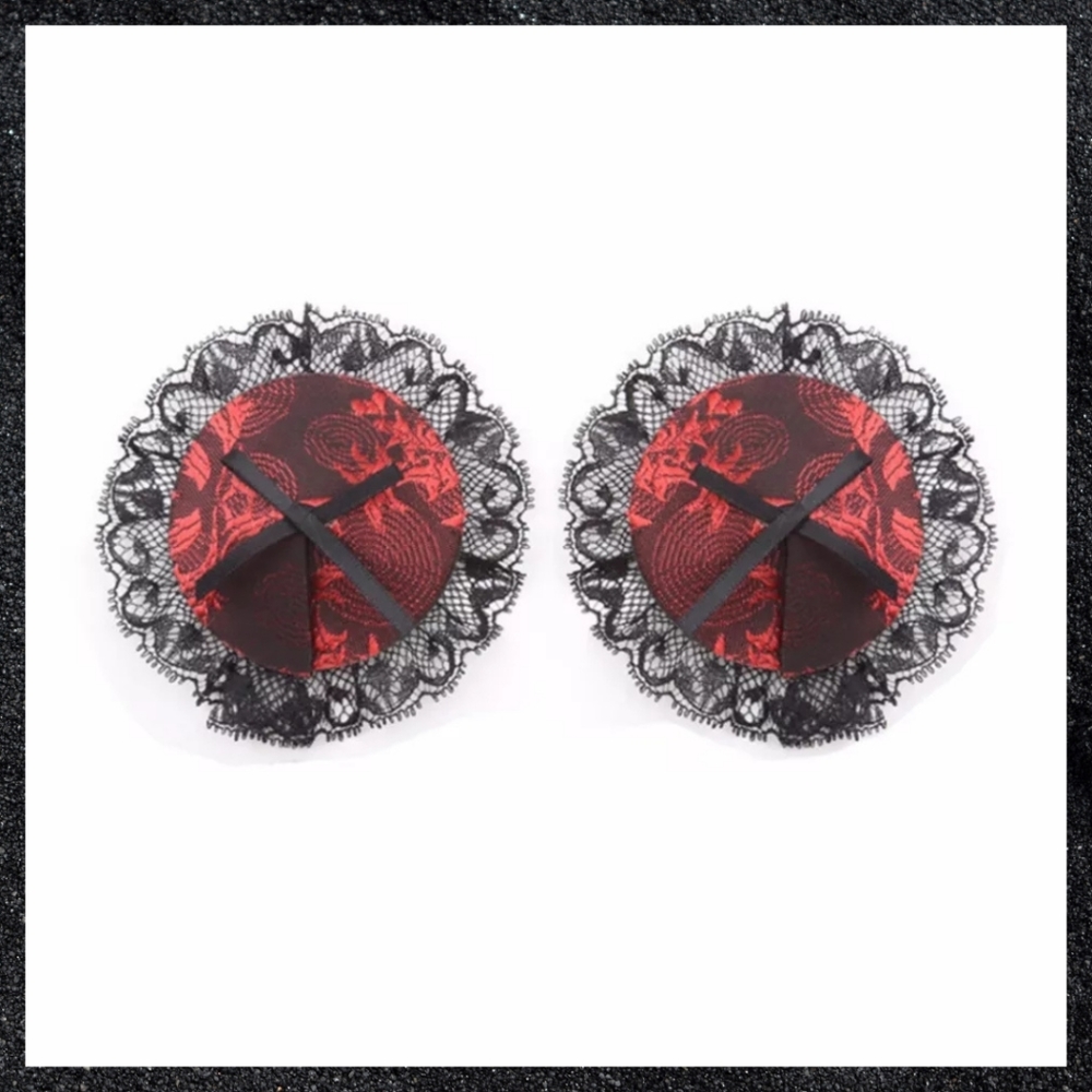Red & Black Lace Bow Reusable Nipple Cover Pasties